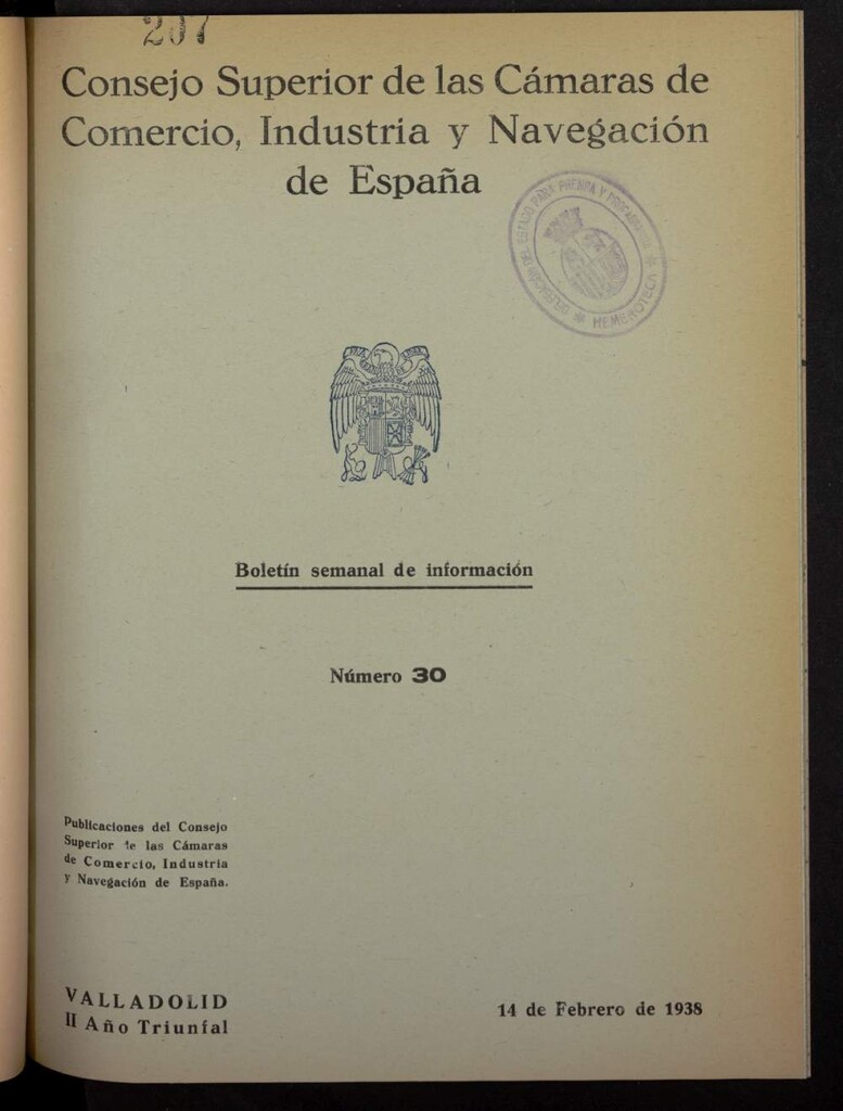 Miniatura de Boletín Semanal de Información. Consejo Superior de las Cámaras de Comercio, Industria y Navegación de España del 14 de febrero de 1938, nº 30