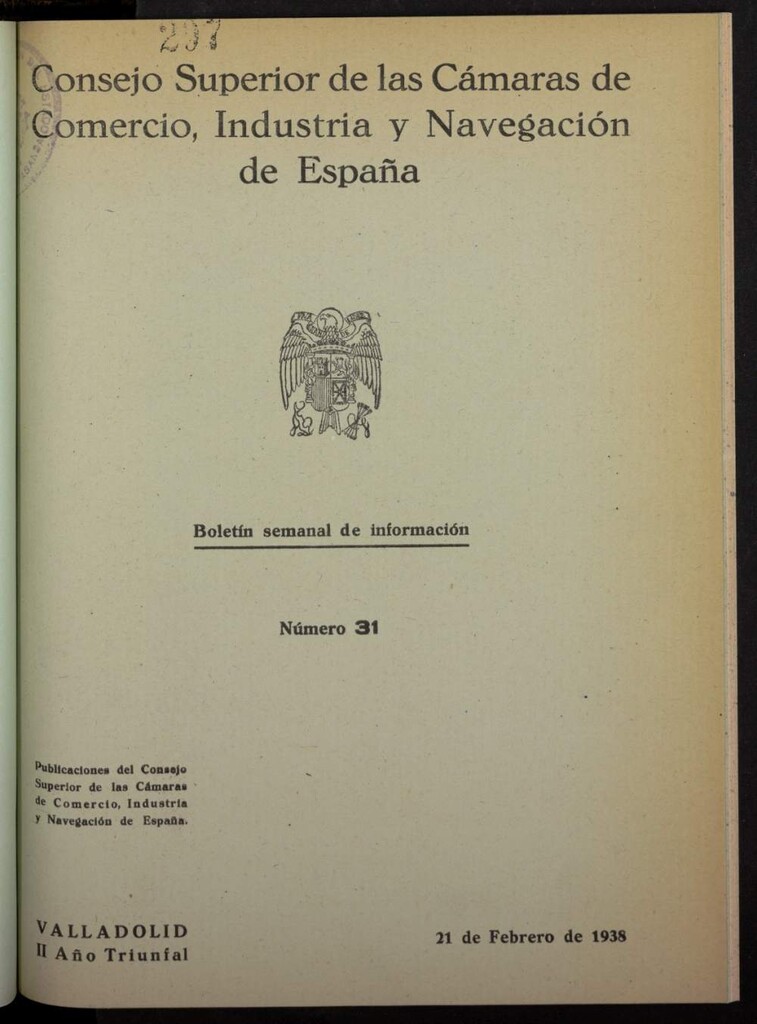 Miniatura de Boletín Semanal de Información. Consejo Superior de las Cámaras de Comercio, Industria y Navegación de España del 21 de febrero de 1938, nº 31