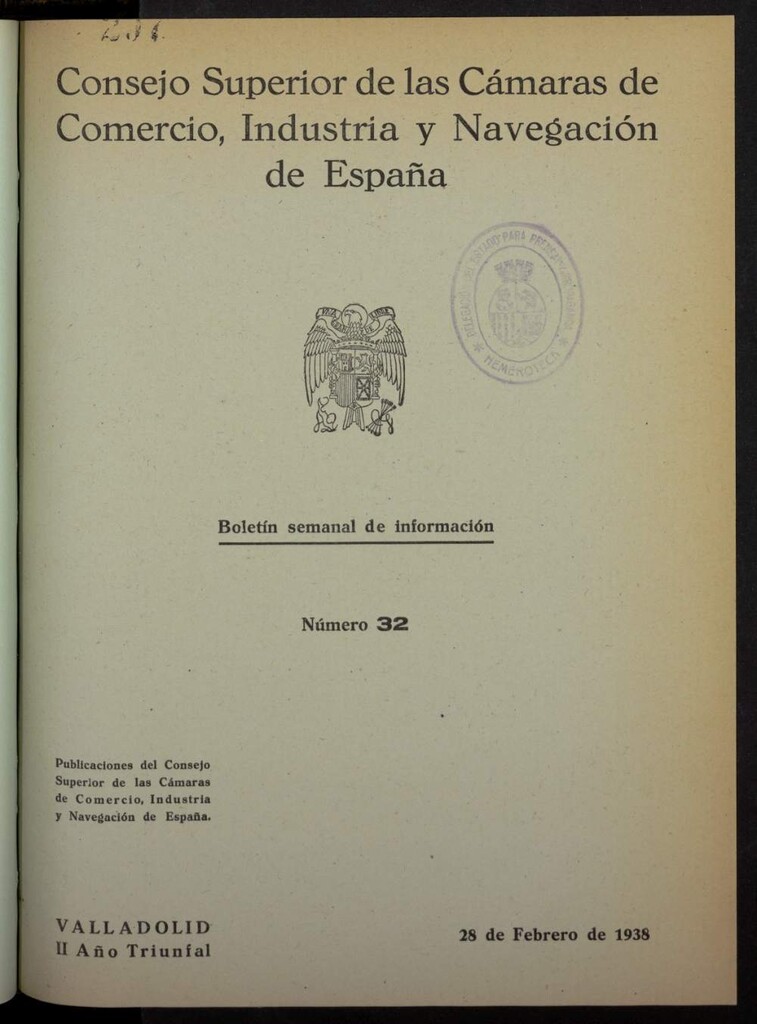 Miniatura de Boletín Semanal de Información. Consejo Superior de las Cámaras de Comercio, Industria y Navegación de España del 28 de febrero de 1938, nº 32