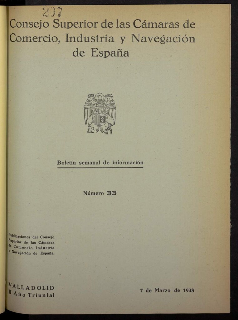 Miniatura de Boletín Semanal de Información. Consejo Superior de las Cámaras de Comercio, Industria y Navegación de España del 7 de marzo de 1938, nº 33