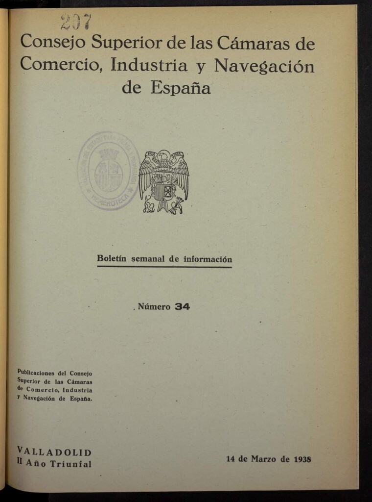 Miniatura de Boletín Semanal de Información. Consejo Superior de las Cámaras de Comercio, Industria y Navegación de España del 14 de marzo de 1938, nº 34