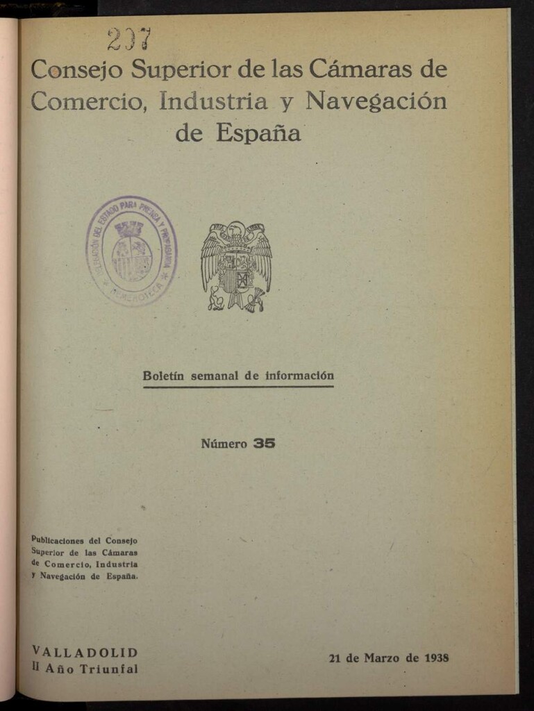 Miniatura de Boletín Semanal de Información. Consejo Superior de las Cámaras de Comercio, Industria y Navegación de España del 21 de marzo de 1938, nº 35