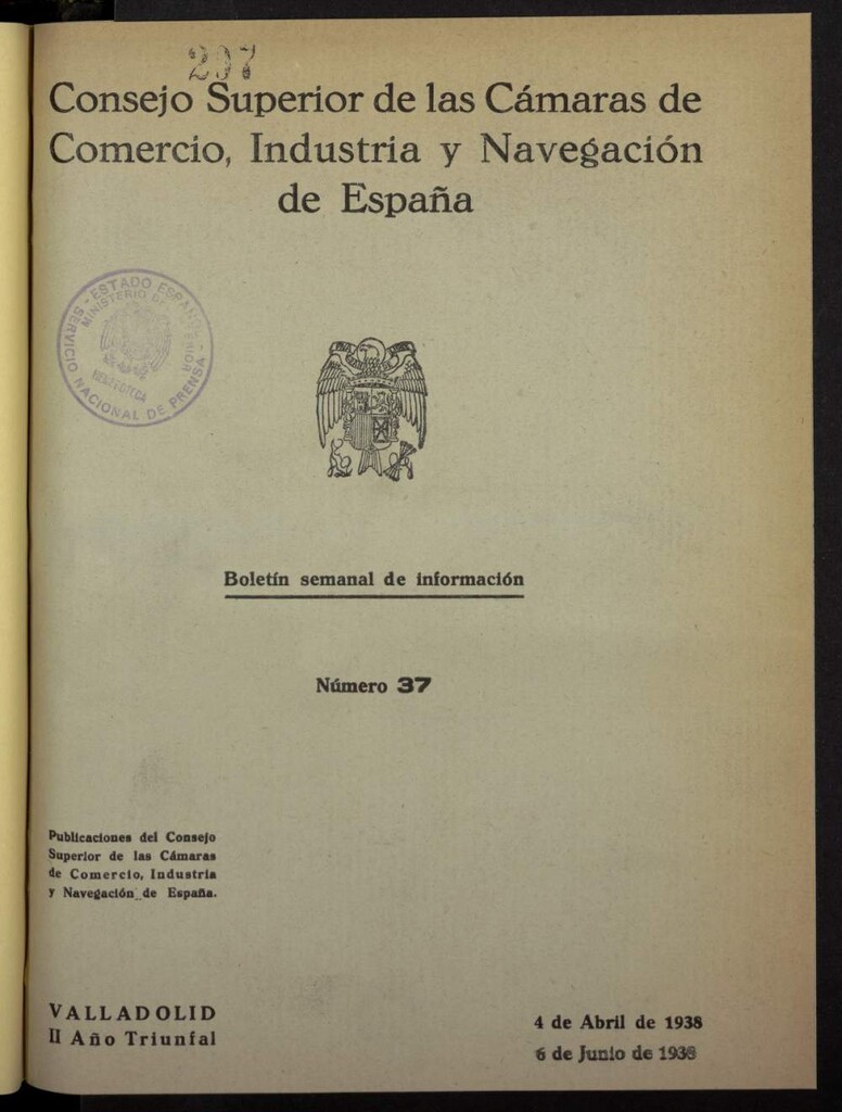 Miniatura de Boletín Semanal de Información. Consejo Superior de las Cámaras de Comercio, Industria y Navegación de España del 4 de abril de 1938, nº 37