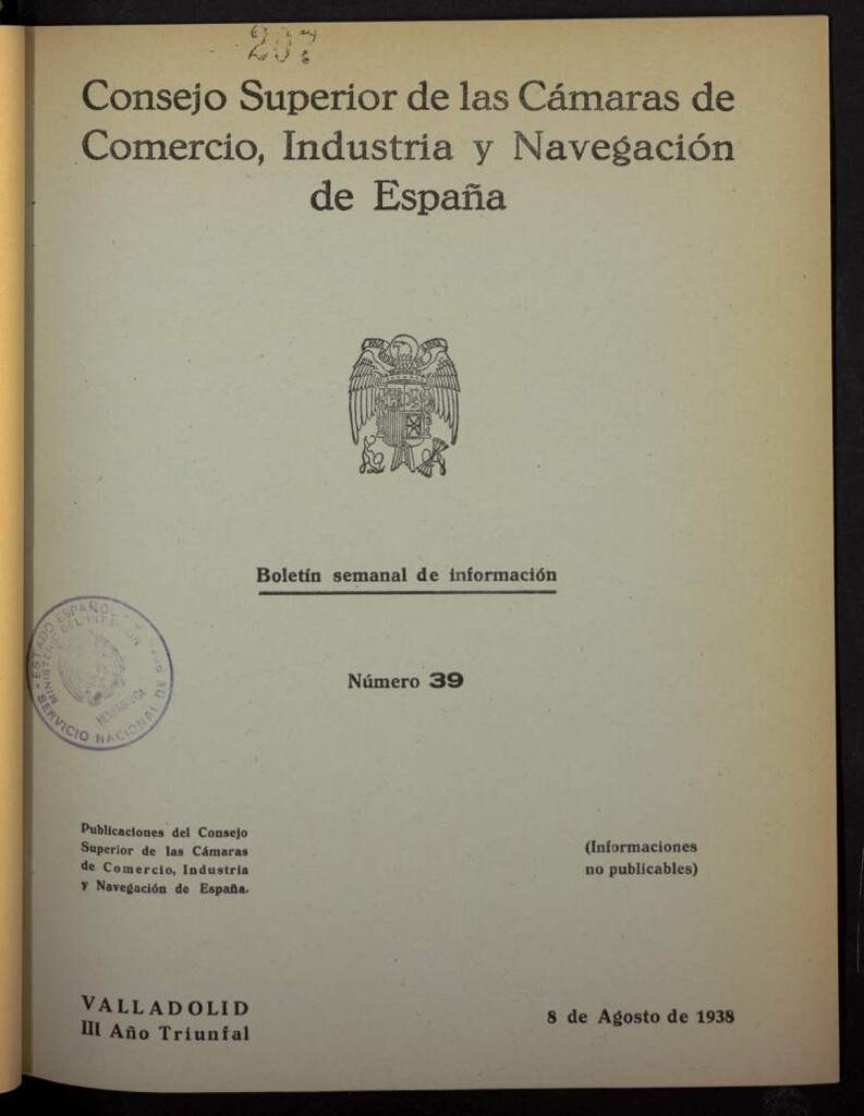 Miniatura de Boletín Semanal de Información. Consejo Superior de las Cámaras de Comercio de España del 8 de agosto de 1938, nº 39
