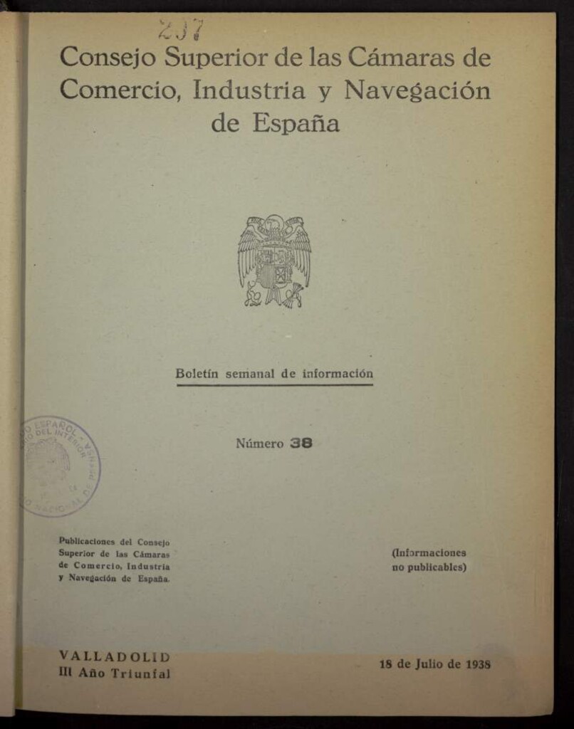 Miniatura de Boletín Semanal de Información. Consejo Superior de las Cámaras de Comercio de España del 18 de julio de 1938, nº 38
