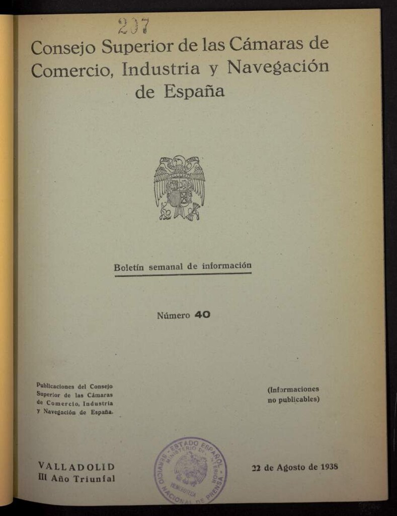 Miniatura de Boletín Semanal de Información. Consejo Superior de las Cámaras de Comercio de España del 22 de agosto de 1938, nº 40