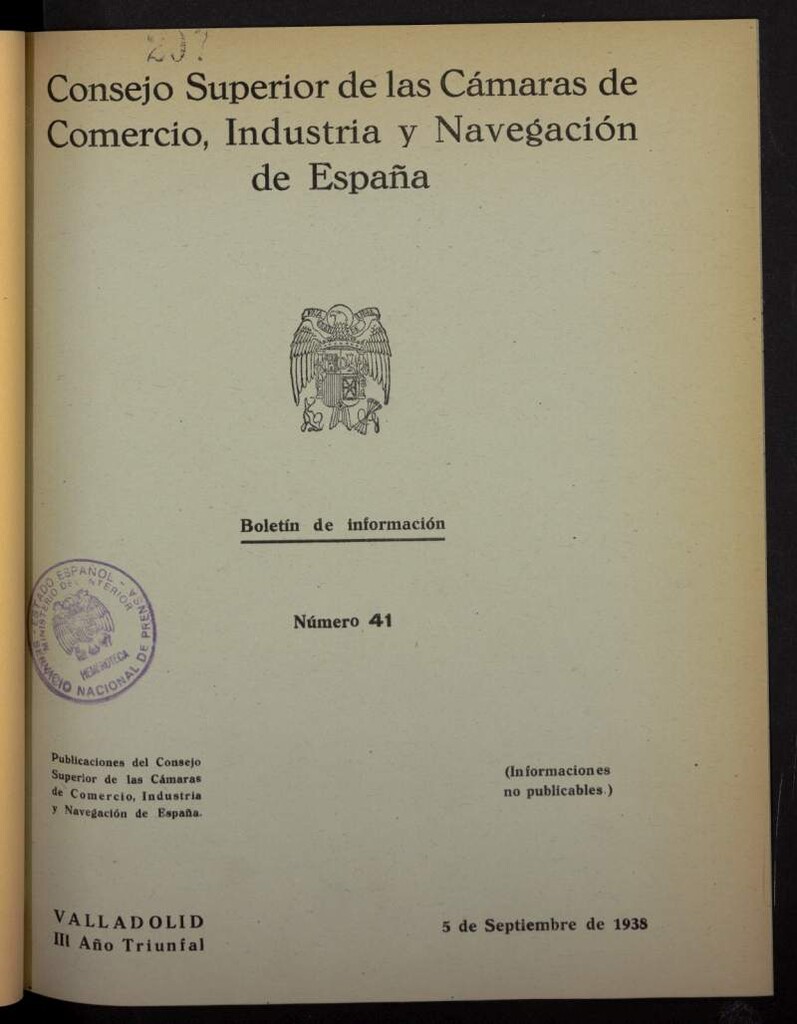 Miniatura de Boletín Semanal de Información. Consejo Superior de las Cámaras de Comercio de España del 5 de septiembre de 1938, nº 41