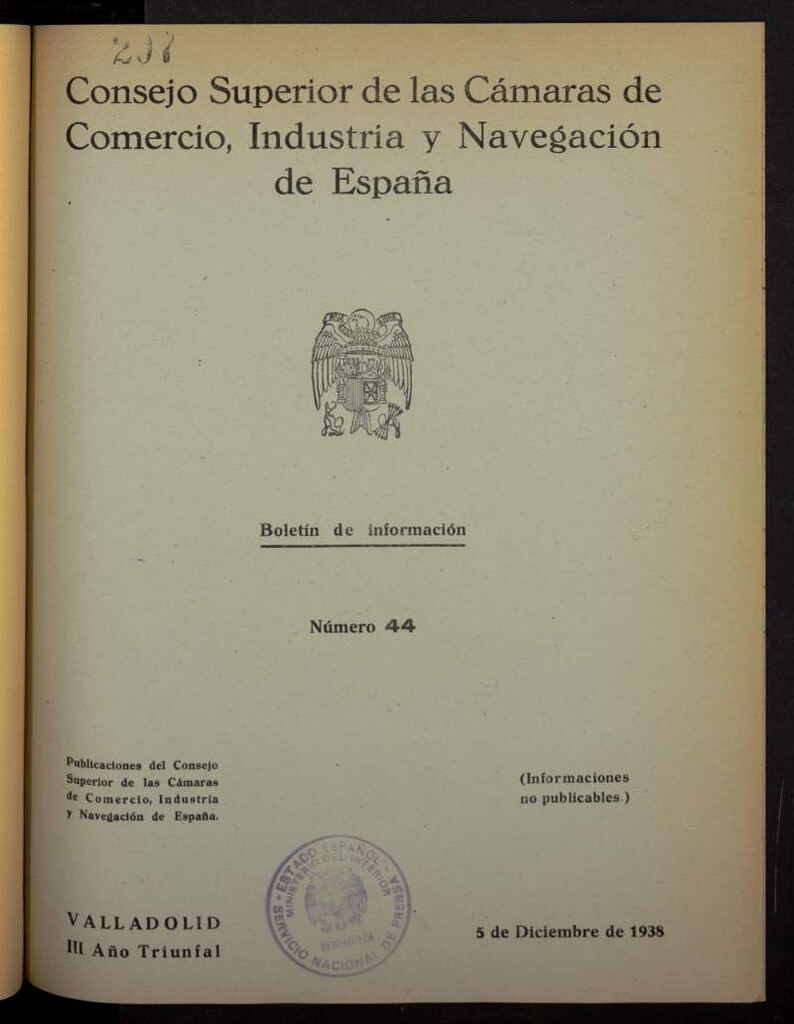 Miniatura de Boletín Semanal de Información. Consejo Superior de las Cámaras de Comercio de España del 5 de diciembre de 1938, nº 44
