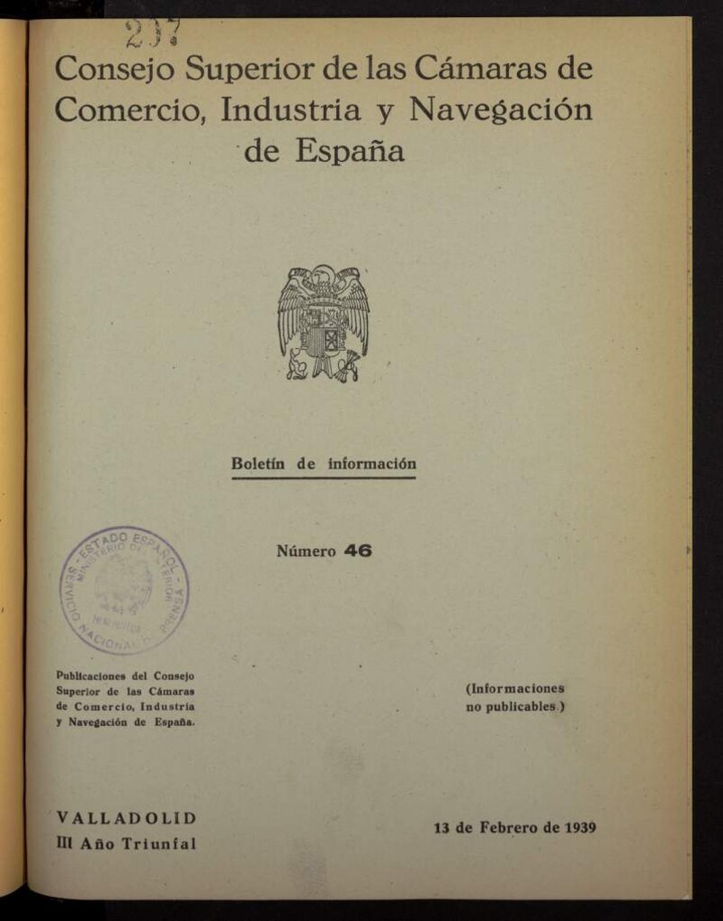 Miniatura de Boletín Semanal de Información. Consejo Superior de las Cámaras de Comercio de España del 13 de febrero de 1939, nº 46