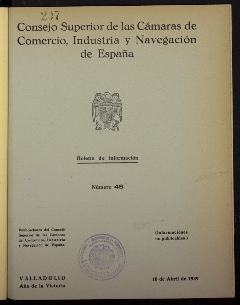 Miniatura de Boletín Semanal de Información. Consejo Superior de las Cámaras de Comercio de España del 10 de abril de 1939, nº 48