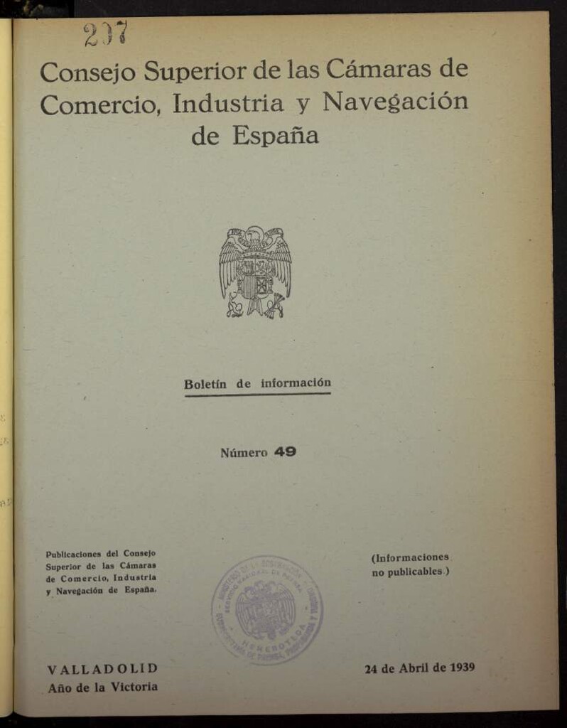 Miniatura de Boletín Semanal de Información. Consejo Superior de las Cámaras de Comercio de España del 24 de abril de 1939, nº 49