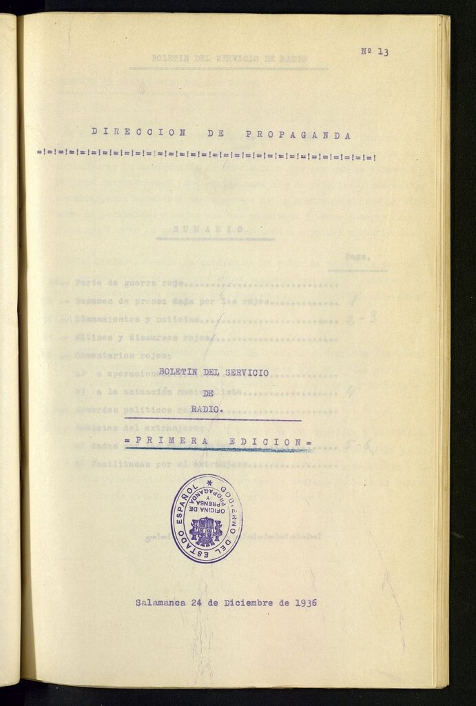 Miniatura de Boletín del Servicio de Radio del 24 de diciembre de 1936, nº 13