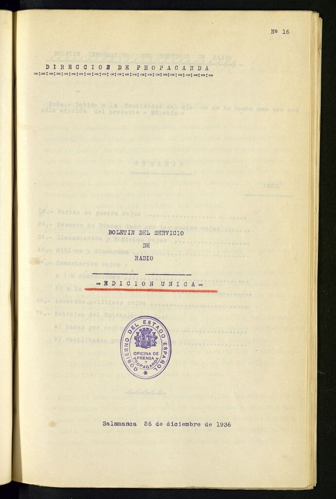 Miniatura de Boletín del Servicio de Radio del 26 de diciembre de 1936, nº 16