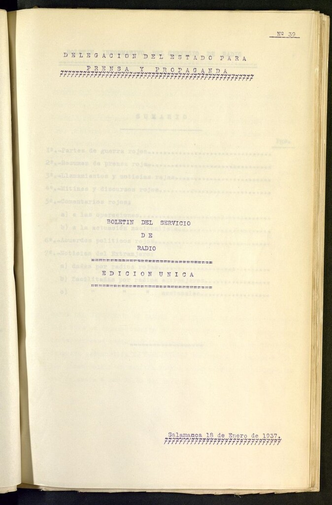 Miniatura de Boletín del Servicio de Radio del 18 de enero de 1937, nº 39