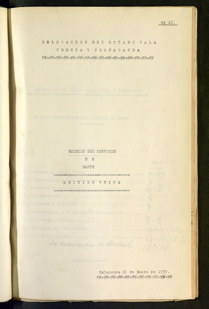 Miniatura de Boletín del Servicio de Radio del 21 de enero de 1937, nº 42