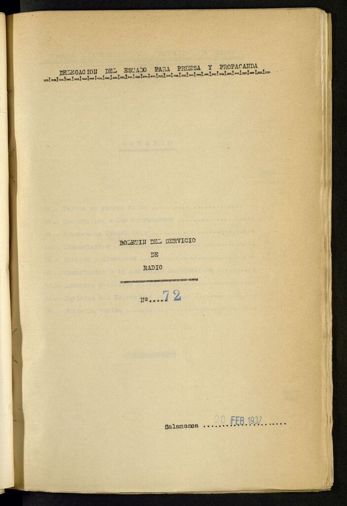 Miniatura de Boletín del Servicio de Radio del 20 de febrero de 1937, nº 72