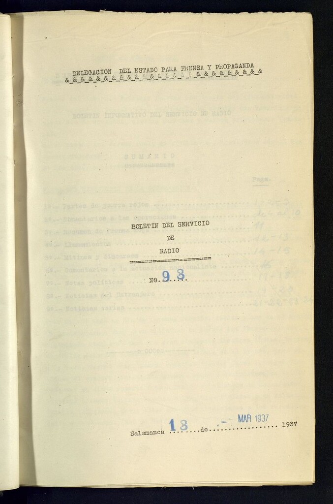 Miniatura de Boletín del Servicio de Radio del 13 de marzo de 1937, nº 93