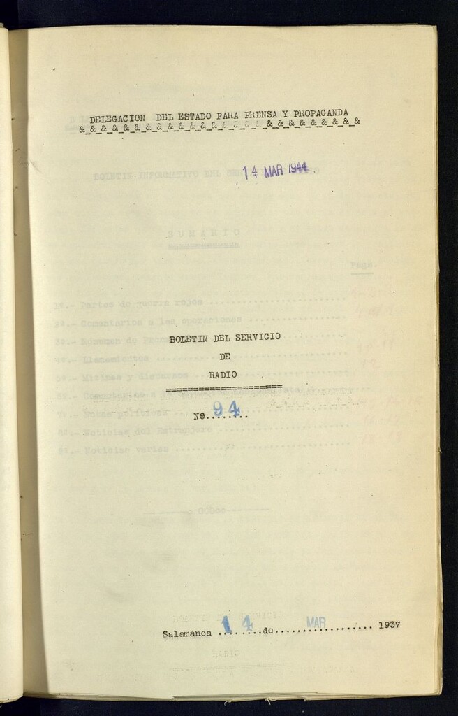 Miniatura de Boletín del Servicio de Radio del 14 de marzo de 1937, nº 94