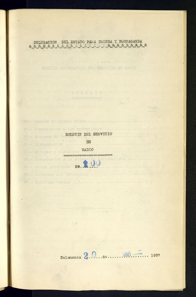 Miniatura de Boletín del Servicio de Radio del 20 de marzo de 1937, nº 100