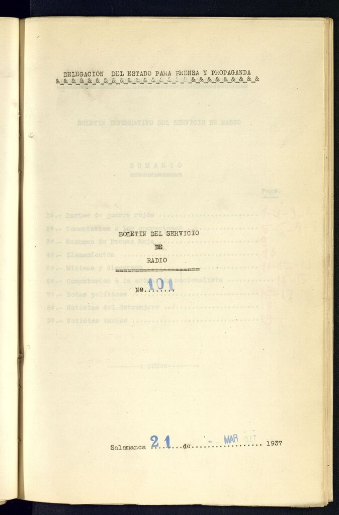 Miniatura de Boletín del Servicio de Radio del 21 de marzo de 1937, nº 101