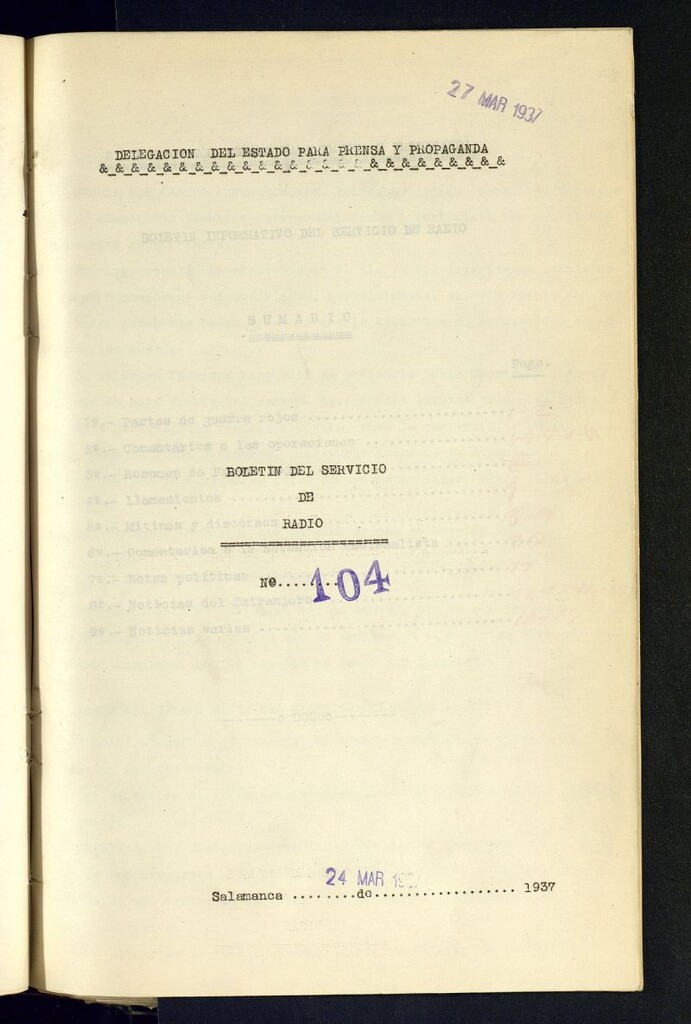 Miniatura de Boletín del Servicio de Radio del 24 de marzo de 1937, nº 104