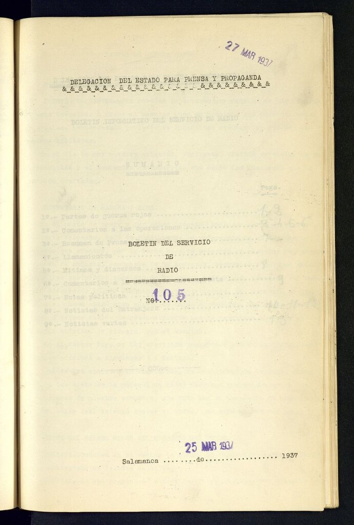 Miniatura de Boletín del Servicio de Radio del 25 de marzo de 1937, nº 105