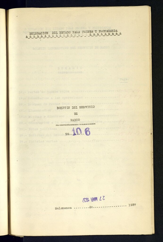 Miniatura de Boletín del Servicio de Radio del 27 de marzo de 1937, nº 106