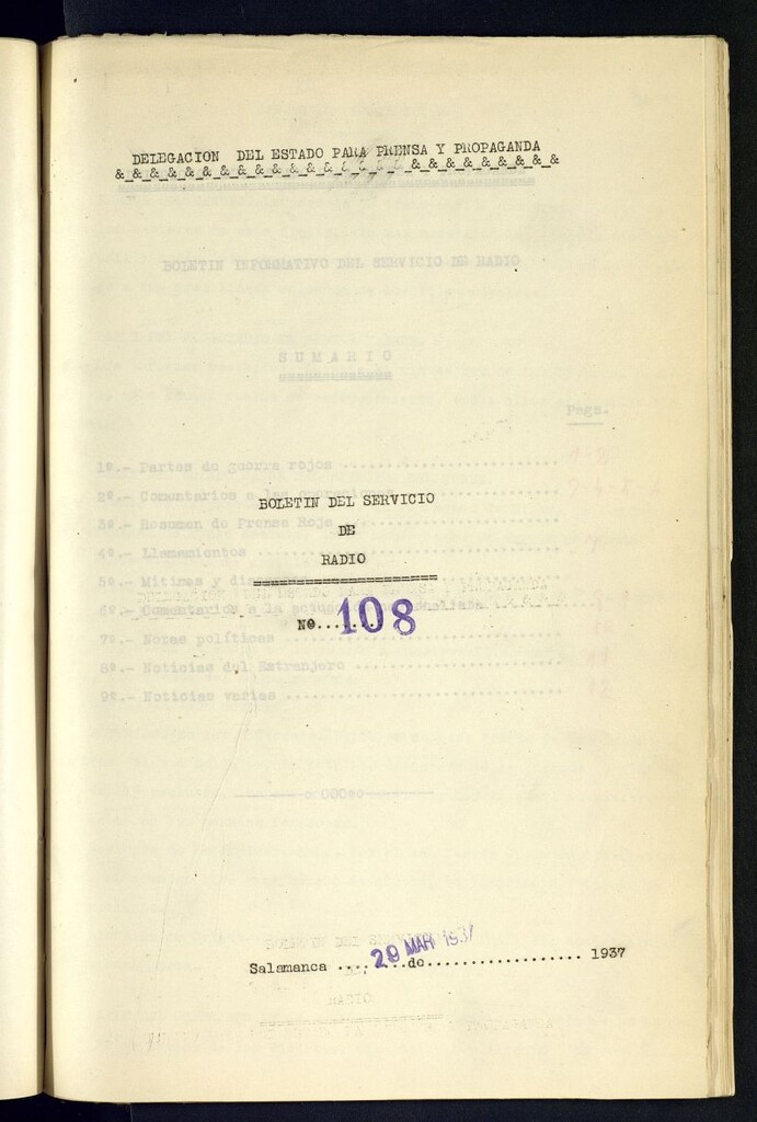 Miniatura de Boletín del Servicio de Radio del 29 de marzo de 1937, nº 108