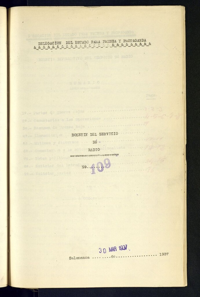 Miniatura de Boletín del Servicio de Radio del 30 de marzo de 1937, nº 109