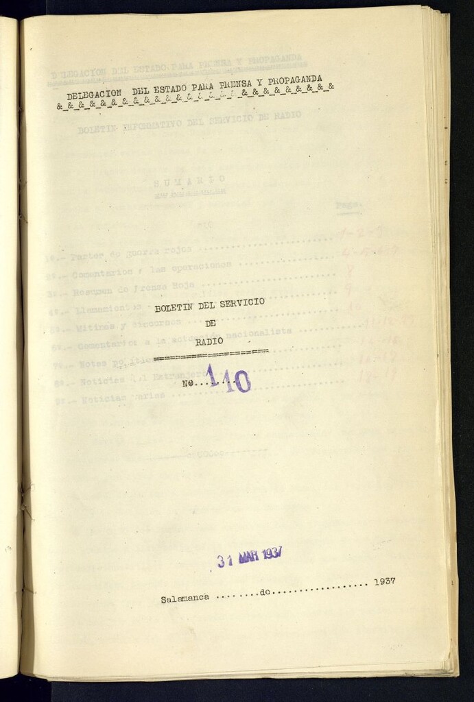 Miniatura de Boletín del Servicio de Radio del 31 de marzo de 1937, nº 110