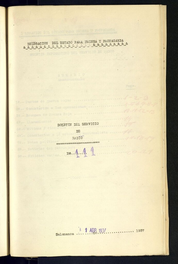 Miniatura de Boletín del Servicio de Radio del 1 de abril de 1937, nº 111