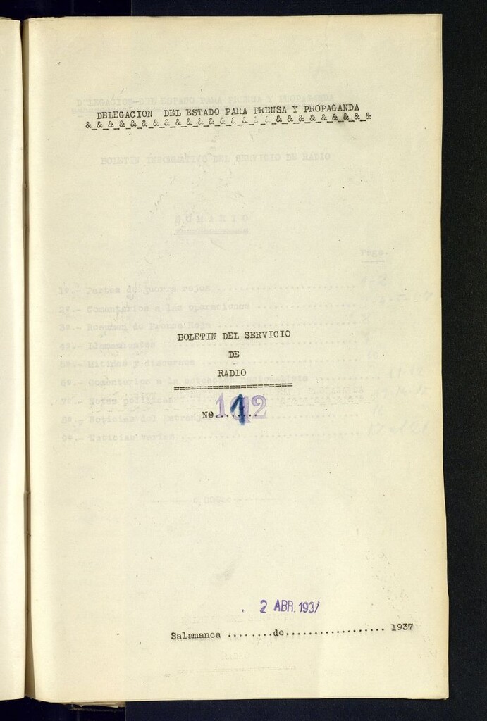 Miniatura de Boletín del Servicio de Radio del 2 de abril de 1937, nº 112