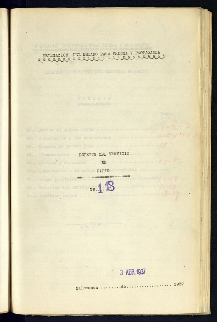 Miniatura de Boletín del Servicio de Radio del 3 de abril de 1937, nº 113