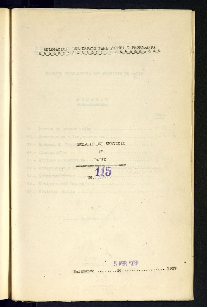 Miniatura de Boletín del Servicio de Radio del 5 de abril de 1937, nº 115