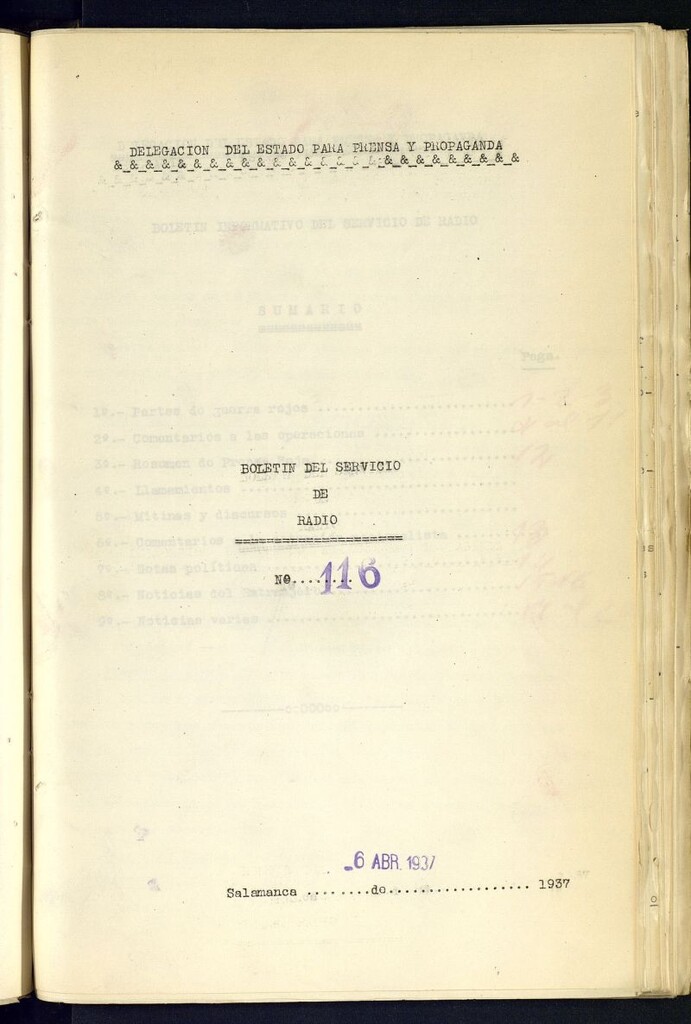 Miniatura de Boletín del Servicio de Radio del 6 de abril de 1937, nº 116