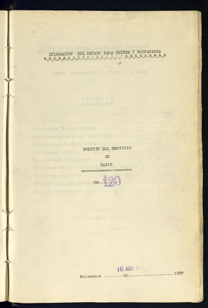 Miniatura de Boletín del Servicio de Radio del 10 de abril de 1937, nº 120