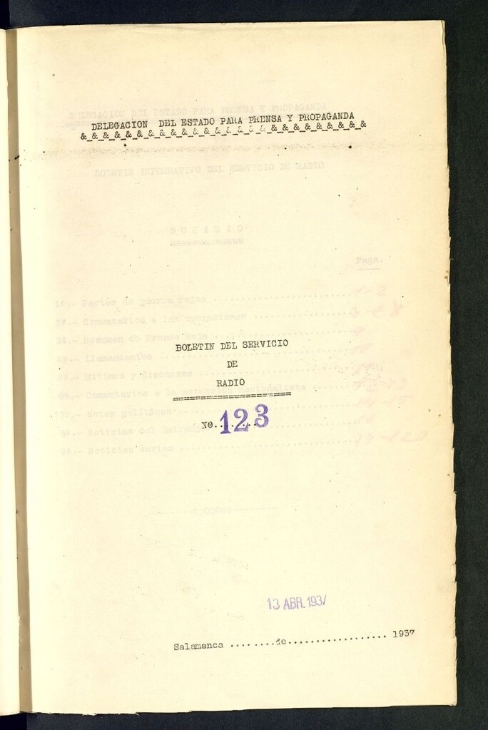Miniatura de Boletín del Servicio de Radio del 13 de abril de 1937, nº 123