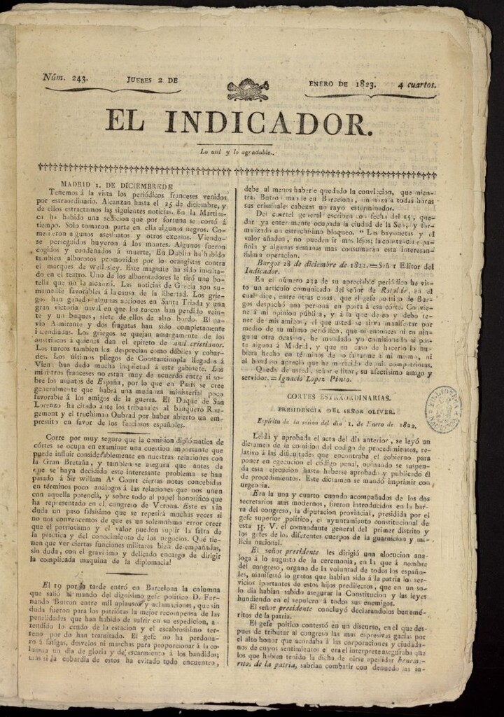 Miniatura de El Indicador: lo util y lo agradable del 2 de enero de 1823, nº 243
