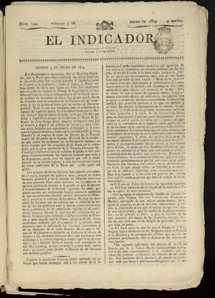 Miniatura de El Indicador: lo util y lo agradable del 3 de enero de 1823, nº 244