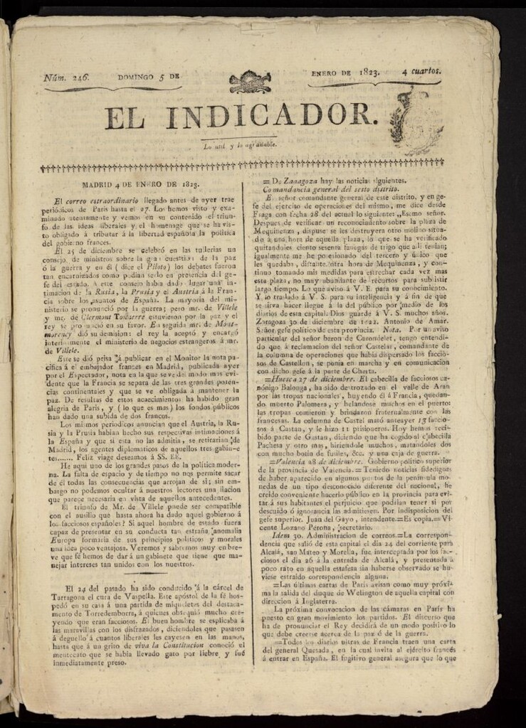 Miniatura de El Indicador: lo util y lo agradable del 5 de enero de 1823, nº 246