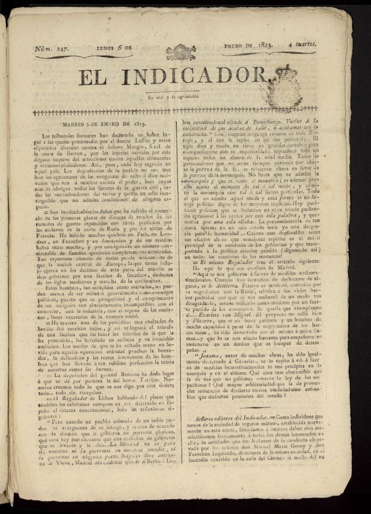 Miniatura de El Indicador: lo util y lo agradable del 6 de enero de 1823, nº 247