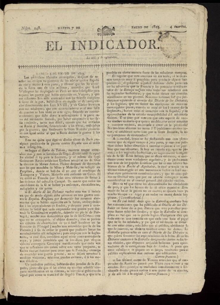 Miniatura de El Indicador: lo util y lo agradable del 7 de enero de 1823, nº 248