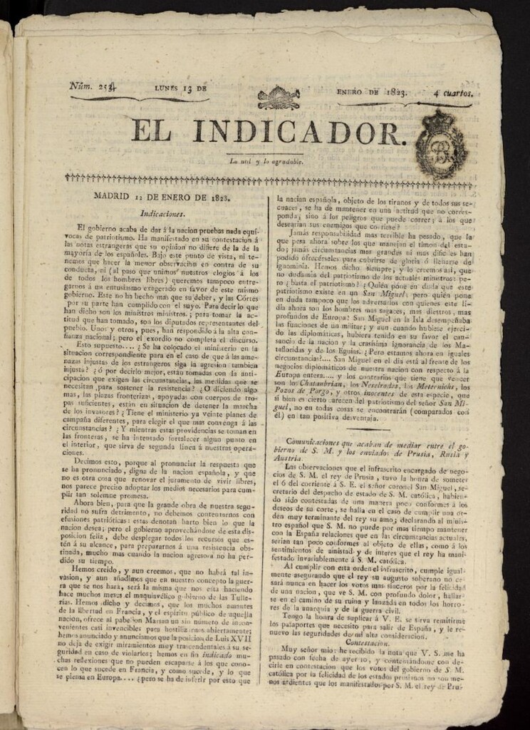 Miniatura de El Indicador: lo util y lo agradable del 13 de enero de 1823, nº 254