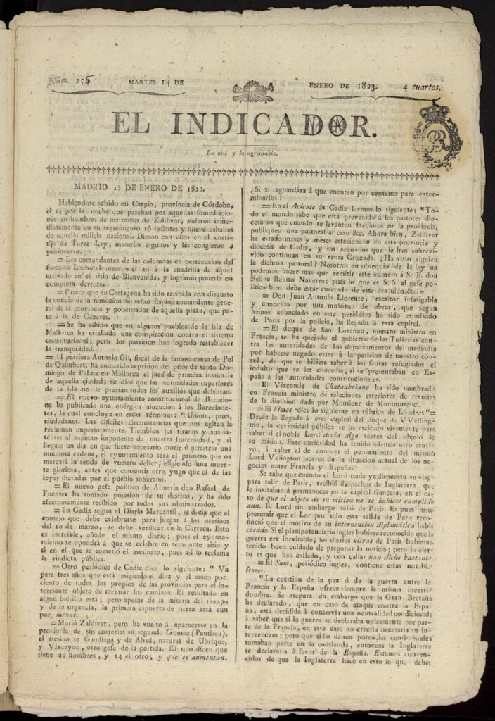 Miniatura de El Indicador: lo util y lo agradable del 14 de enero de 1823, nº 255