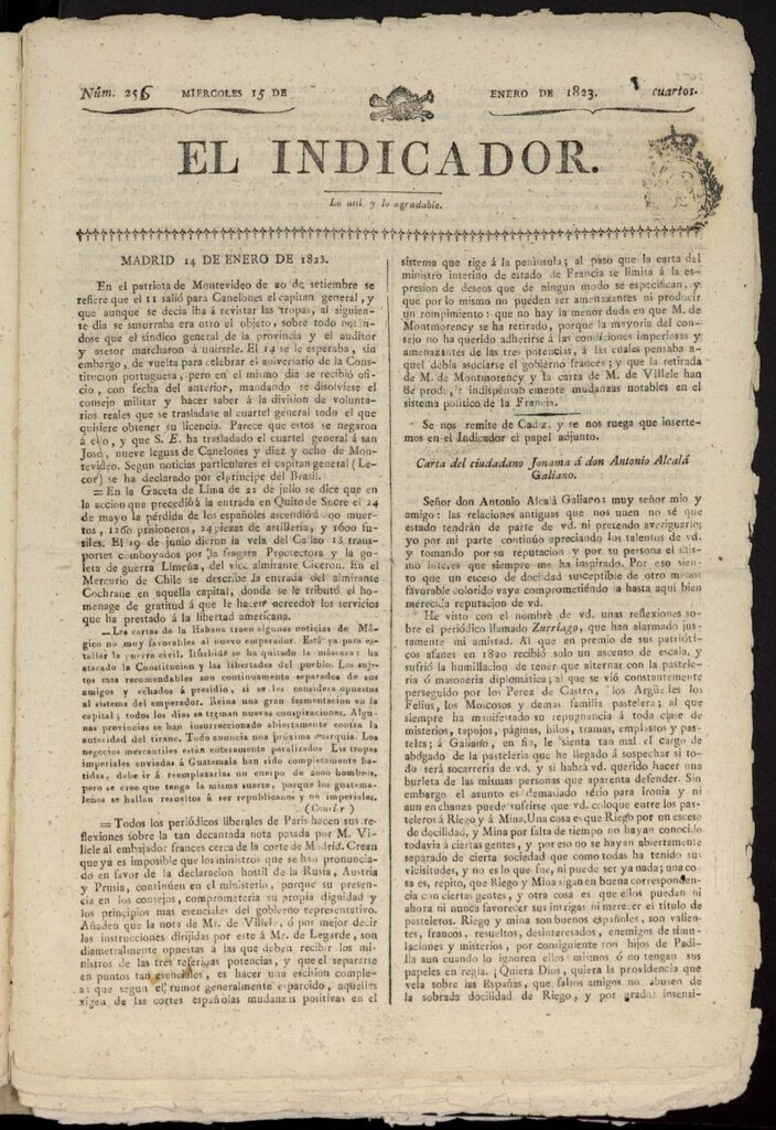 Miniatura de El Indicador: lo util y lo agradable del 15 de enero de 1823, nº 256