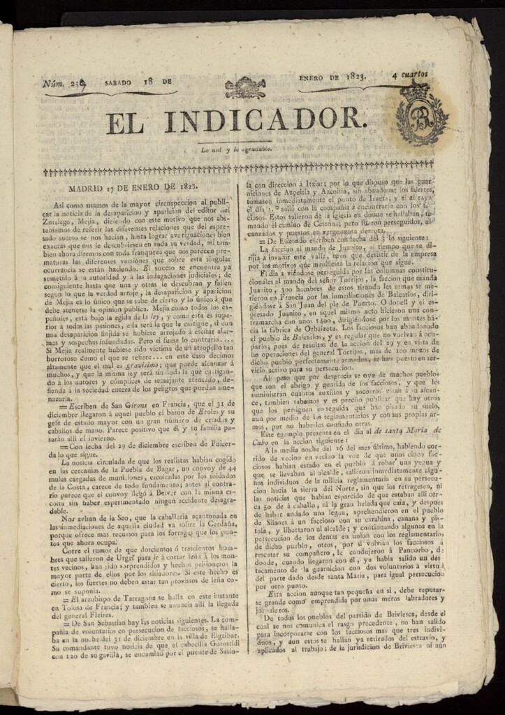 Miniatura de El Indicador: lo util y lo agradable del 18 de enero de 1823, nº 259