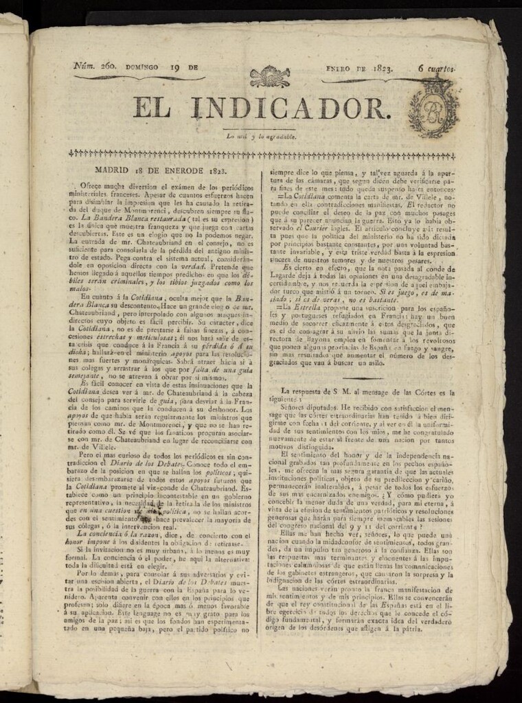 Miniatura de El Indicador: lo util y lo agradable del 19 de enero de 1823, nº 260