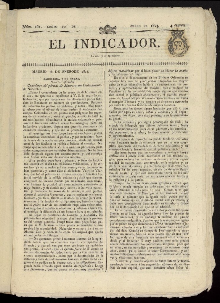Miniatura de El Indicador: lo util y lo agradable del 20 de enero de 1823, nº 261