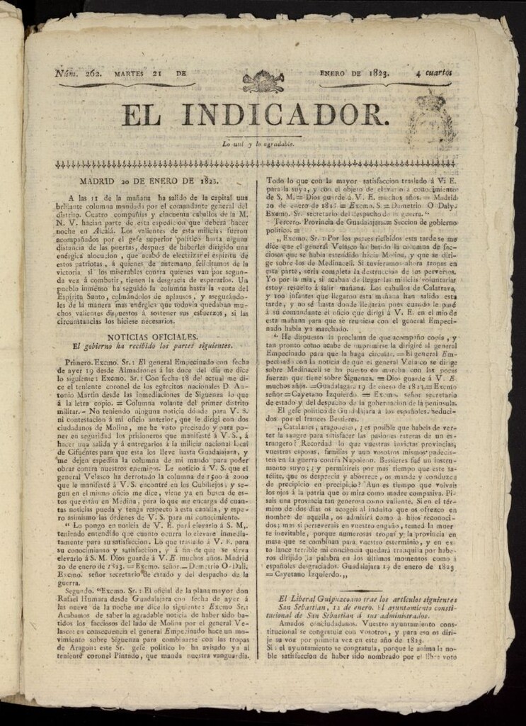 Miniatura de El Indicador: lo util y lo agradable del 21 de enero de 1823, nº 262