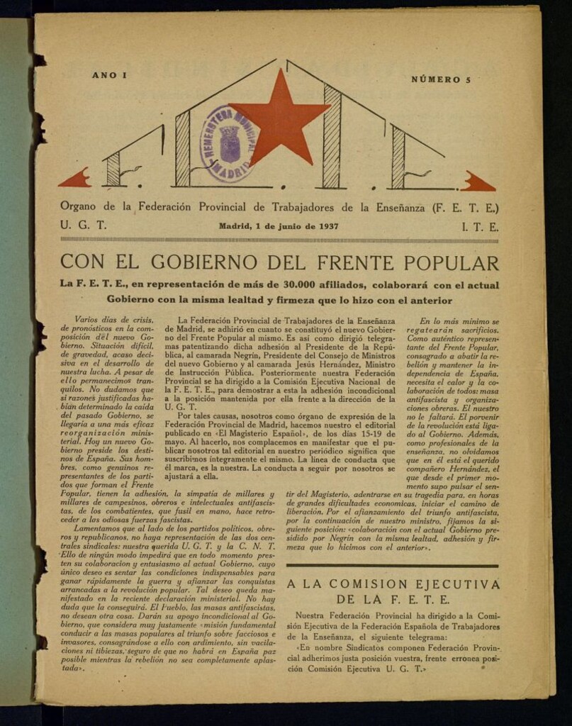 Miniatura de FETE : Órgano de la Federación Provincial de Trabajadores de la Enseñanza / Federación Española de Trabajadores de la Enseñanza